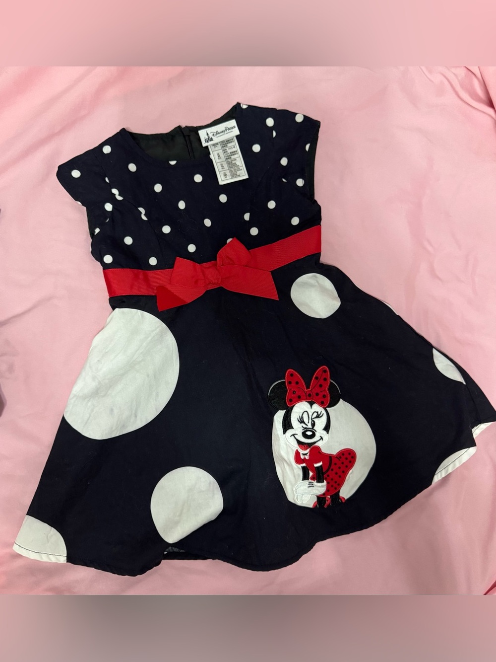 Disney Parks Black and White Polka Dot Dress with Red Bow and Minnie. Fits 2-3T